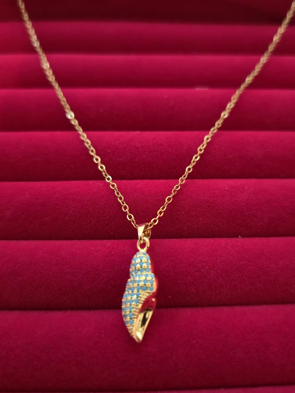 18K Gold Plated Necklace with Blue Pavé Shell Charm Summer Jewelry B003
